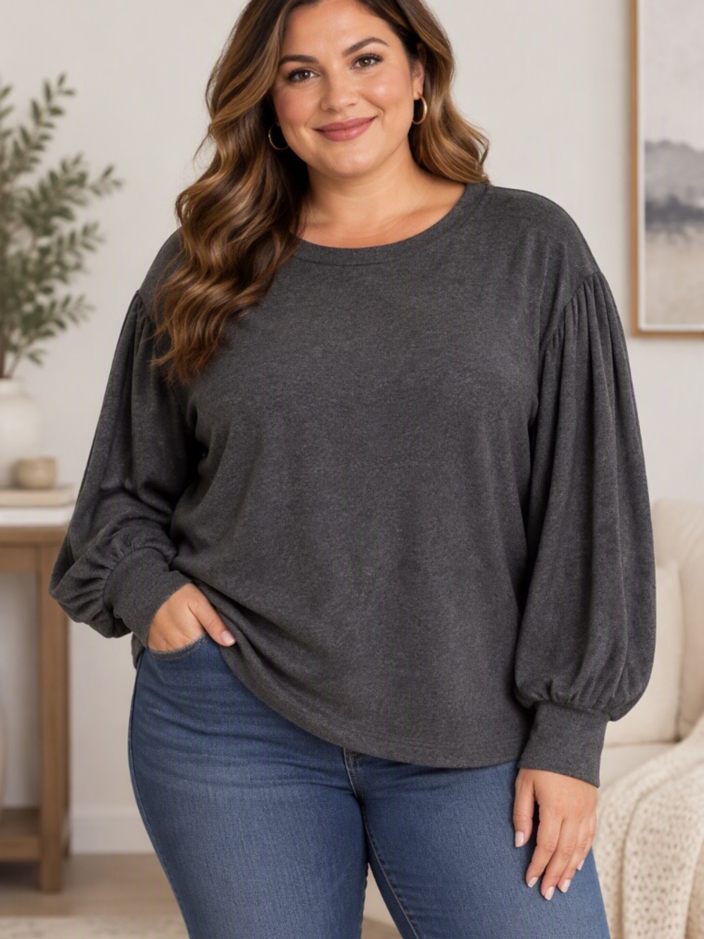 Tahari Women’s 3X Charcoal Gray Sweater Soft Cozy - Balloon Sleeve Pullover